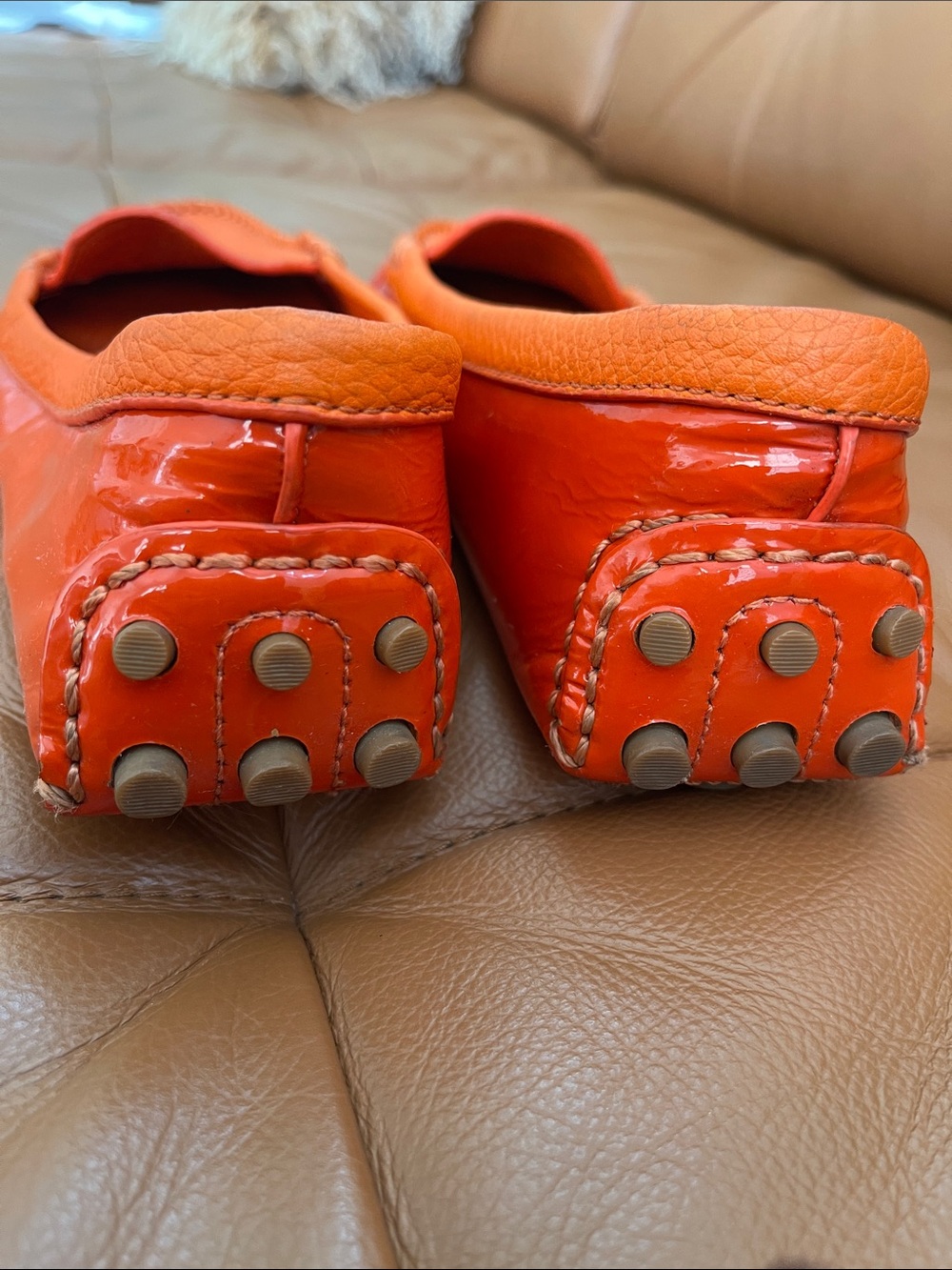 Tory Burch Orange Patent Leather Driving Loafers with Rubber Pebble Soles - Picture 7 of 10